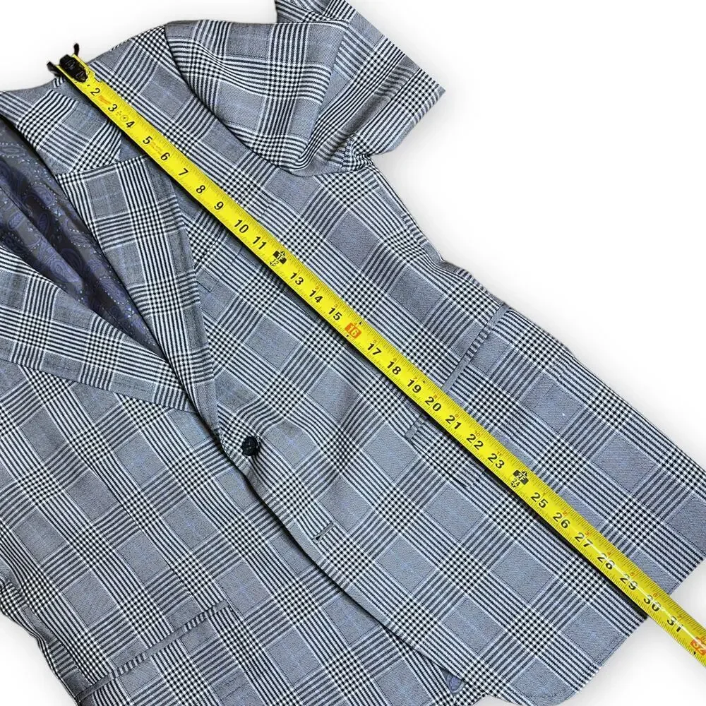 VTG Tailored Sport Coat Blazer Mens Glen Plaid Blue Gray Black White Custom 44R